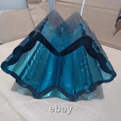 Blue Glass Vase with Ribbed Design, 20cm, Handmade, Blue, Used