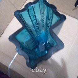 Blue Glass Vase with Ribbed Design, 20cm, Handmade, Blue, Used
