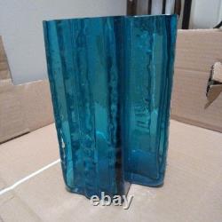 Blue Glass Vase with Ribbed Design, 20cm, Handmade, Blue, Used