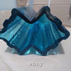 Blue Glass Vase with Ribbed Design, 20cm, Handmade, Blue, Used