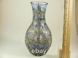 Blue Glass Vintage Greek Amphora Vase, hand-carved nickel silver total overlay