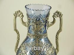 Blue Glass Vintage Greek Amphora Vase, hand-carved nickel silver total overlay