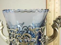 Blue Glass Vintage Greek Amphora Vase, hand-carved nickel silver total overlay