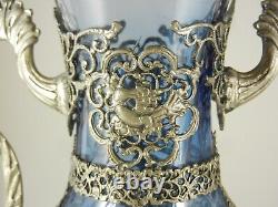 Blue Glass Vintage Greek Amphora Vase, hand-carved nickel silver total overlay