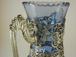 Blue Glass Vintage Greek Amphora Vase, hand-carved nickel silver total overlay