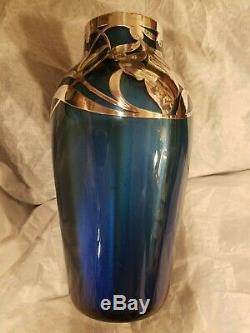 Blue Loetz Metallin Sterling Overlay Vase