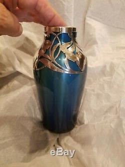 Blue Loetz Metallin Sterling Overlay Vase