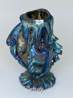 Blue Luster Vase With Lava Fish Design. Blown Glass