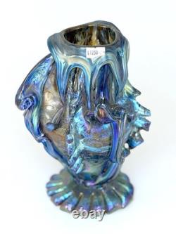 Blue Luster Vase With Lava Fish Design. Blown Glass