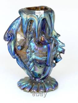 Blue Luster Vase With Lava Fish Design. Blown Glass