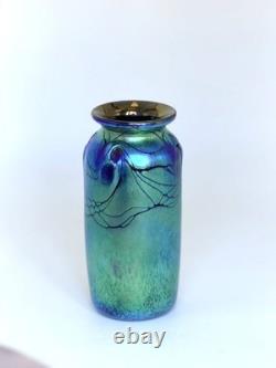 Blue Luster Vase With Red Wave Design. Blown Glass by Saul Alcaraz