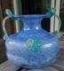 Blue Murano Art Glass Handled Scavo Style VASE with Lion Head Prunts Label