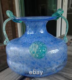 Blue Murano Art Glass Handled Scavo Style VASE with Lion Head Prunts Label