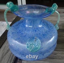 Blue Murano Art Glass Handled Scavo Style VASE with Lion Head Prunts Label