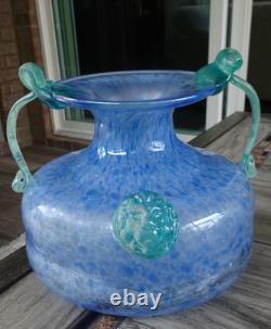 Blue Murano Art Glass Handled Scavo Style VASE with Lion Head Prunts Label