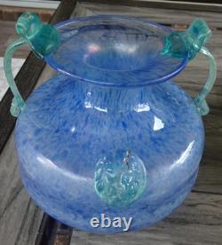 Blue Murano Art Glass Handled Scavo Style VASE with Lion Head Prunts Label