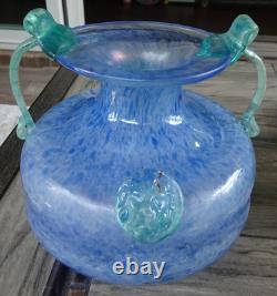 Blue Murano Art Glass Handled Scavo Style VASE with Lion Head Prunts Label