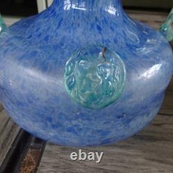 Blue Murano Art Glass Handled Scavo Style VASE with Lion Head Prunts Label