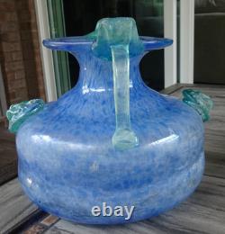 Blue Murano Art Glass Handled Scavo Style VASE with Lion Head Prunts Label