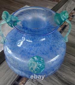 Blue Murano Art Glass Handled Scavo Style VASE with Lion Head Prunts Label