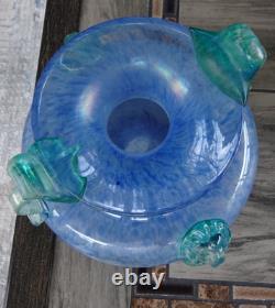 Blue Murano Art Glass Handled Scavo Style VASE with Lion Head Prunts Label