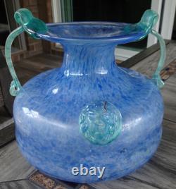 Blue Murano Art Glass Handled Scavo Style VASE with Lion Head Prunts Label