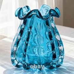 Blue Murano Style Glass Vase, Hand-Blown Wide-Mouth Ocean Bubble Vase, Modern Ar