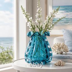 Blue Murano Style Glass Vase, Hand-Blown Wide-Mouth Ocean Bubble Vase, Modern Ar