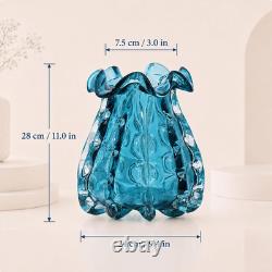 Blue Murano Style Glass Vase, Hand-Blown Wide-Mouth Ocean Bubble Vase, Modern Ar