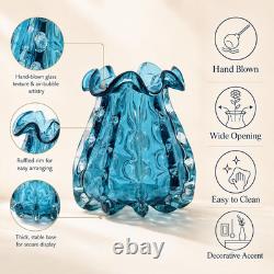 Blue Murano Style Glass Vase, Hand-Blown Wide-Mouth Ocean Bubble Vase, Modern Ar