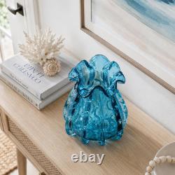 Blue Murano Style Glass Vase, Hand-Blown Wide-Mouth Ocean Bubble Vase, Modern Ar