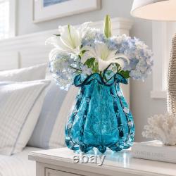 Blue Murano Style Glass Vase, Hand-Blown Wide-Mouth Ocean Bubble Vase, Modern Ar