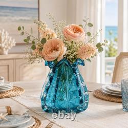 Blue Murano Style Glass Vase, Hand-Blown Wide-Mouth Ocean Bubble Vase, Modern Ar