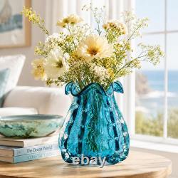 Blue Murano Style Glass Vase, Hand-Blown Wide-Mouth Ocean Bubble Vase, Modern Ar