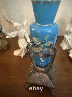 Blue Opaline Bud Vase Victorian Rockford Silver Plate Co. Vase Glass Insert