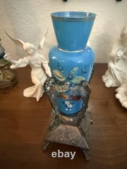 Blue Opaline Bud Vase Victorian Rockford Silver Plate Co. Vase Glass Insert