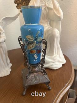 Blue Opaline Bud Vase Victorian Rockford Silver Plate Co. Vase Glass Insert