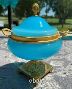 Blue Opaline Glass Compote Bowl Vase Footed Urn Ormolu LID Bonbonniere Sevres