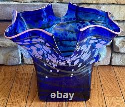 Blue & Pink Designed Vase Handblown Studio Art Glass By Mensch Signed & Dated 95