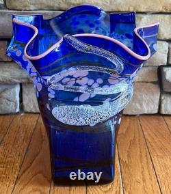 Blue & Pink Designed Vase Handblown Studio Art Glass By Mensch Signed & Dated 95
