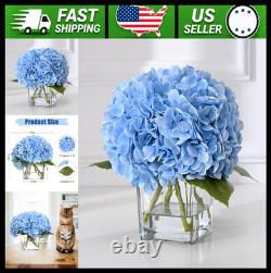 Blue Real Touch Hydrangea Faux Flowers in Glass Vase Centerpiece Decor