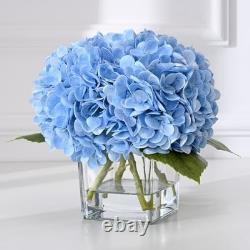 Blue Real Touch Hydrangea Faux Flowers in Glass Vase Centerpiece Decor