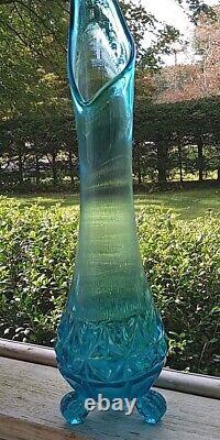 Blue Swing Glass Footed Vase, MCM L. E, Smith Cut Bottom, Ripple Neck 19in. Tall