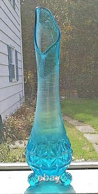 Blue Swing Glass Footed Vase, MCM L. E, Smith Cut Bottom, Ripple Neck 19in. Tall