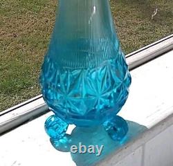 Blue Swing Glass Footed Vase, MCM L. E, Smith Cut Bottom, Ripple Neck 19in. Tall