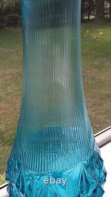 Blue Swing Glass Footed Vase, MCM L. E, Smith Cut Bottom, Ripple Neck 19in. Tall