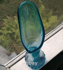 Blue Swing Glass Footed Vase, MCM L. E, Smith Cut Bottom, Ripple Neck 19in. Tall