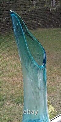 Blue Swing Glass Footed Vase, MCM L. E, Smith Cut Bottom, Ripple Neck 19in. Tall