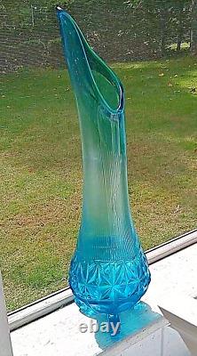 Blue Swing Glass Footed Vase, MCM L. E, Smith Cut Bottom, Ripple Neck 19in. Tall