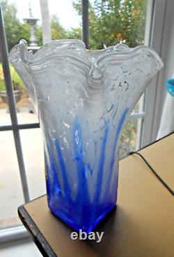 Blue White Murano Glass Vase Ruffled Top Square Base